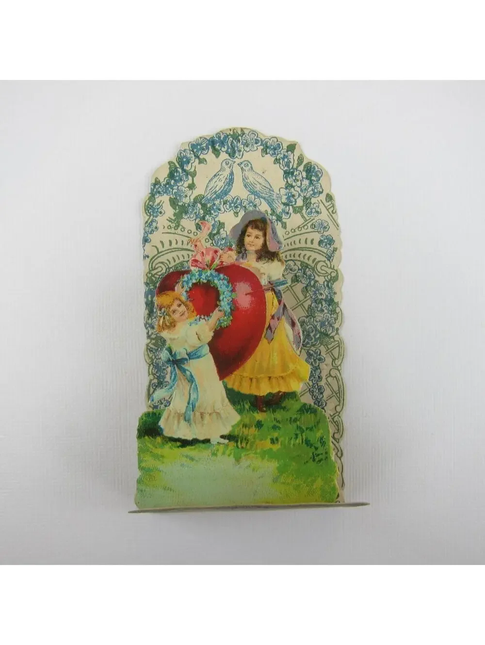 Vintage Valentine 3D Pop Up Die Cut Girls Red Heart Arrow Blue Flowers & Doves